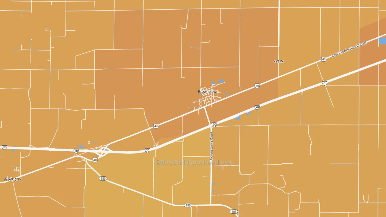 Map of the best neighborhoods in the Brownstown area, with better matches in green and worse matches in red