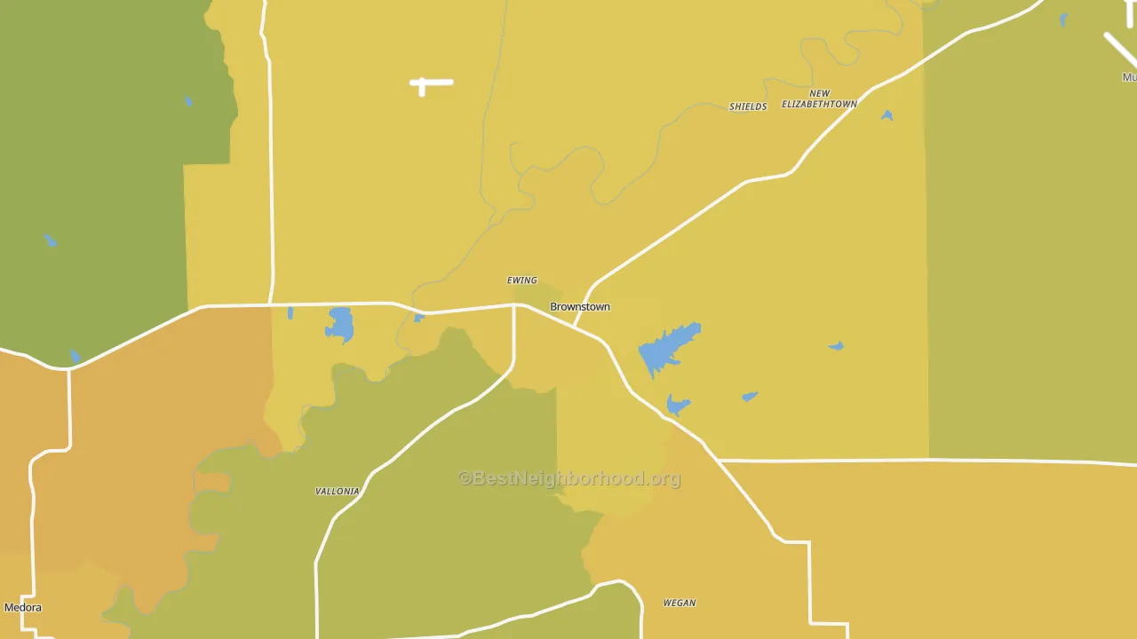 Map of the best neighborhoods in the Brownstown area, with better matches in green and worse matches in red