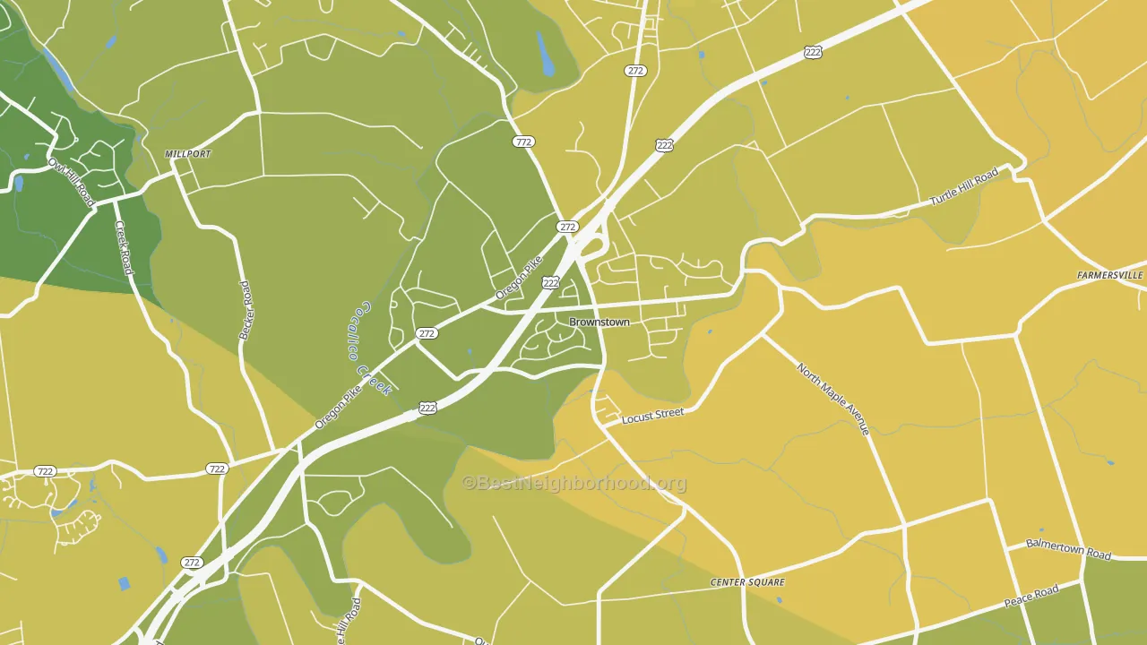 Map of the best neighborhoods in the Brownstown area, with better matches in green and worse matches in red