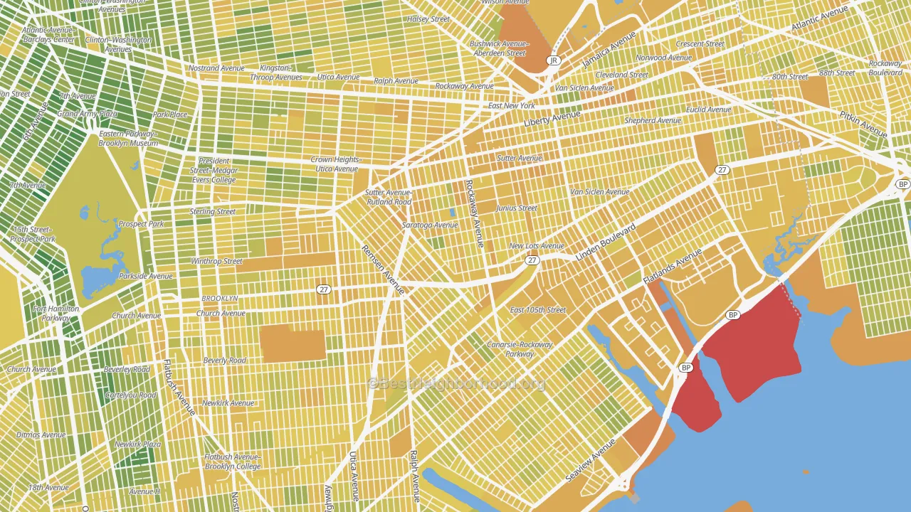 Map of the best neighborhoods in the Brownsville, Brooklyn area, with better matches in green and worse matches in red