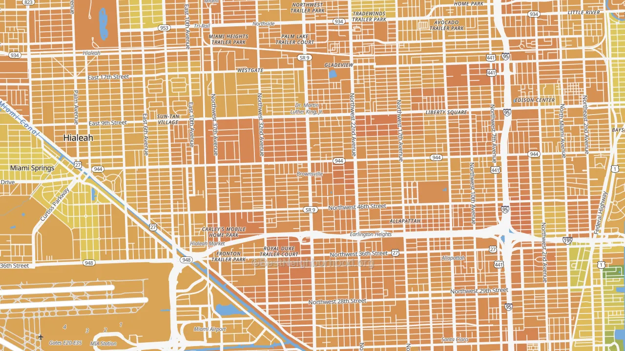 Map of the best neighborhoods in the Brownsville area, with better matches in green and worse matches in red