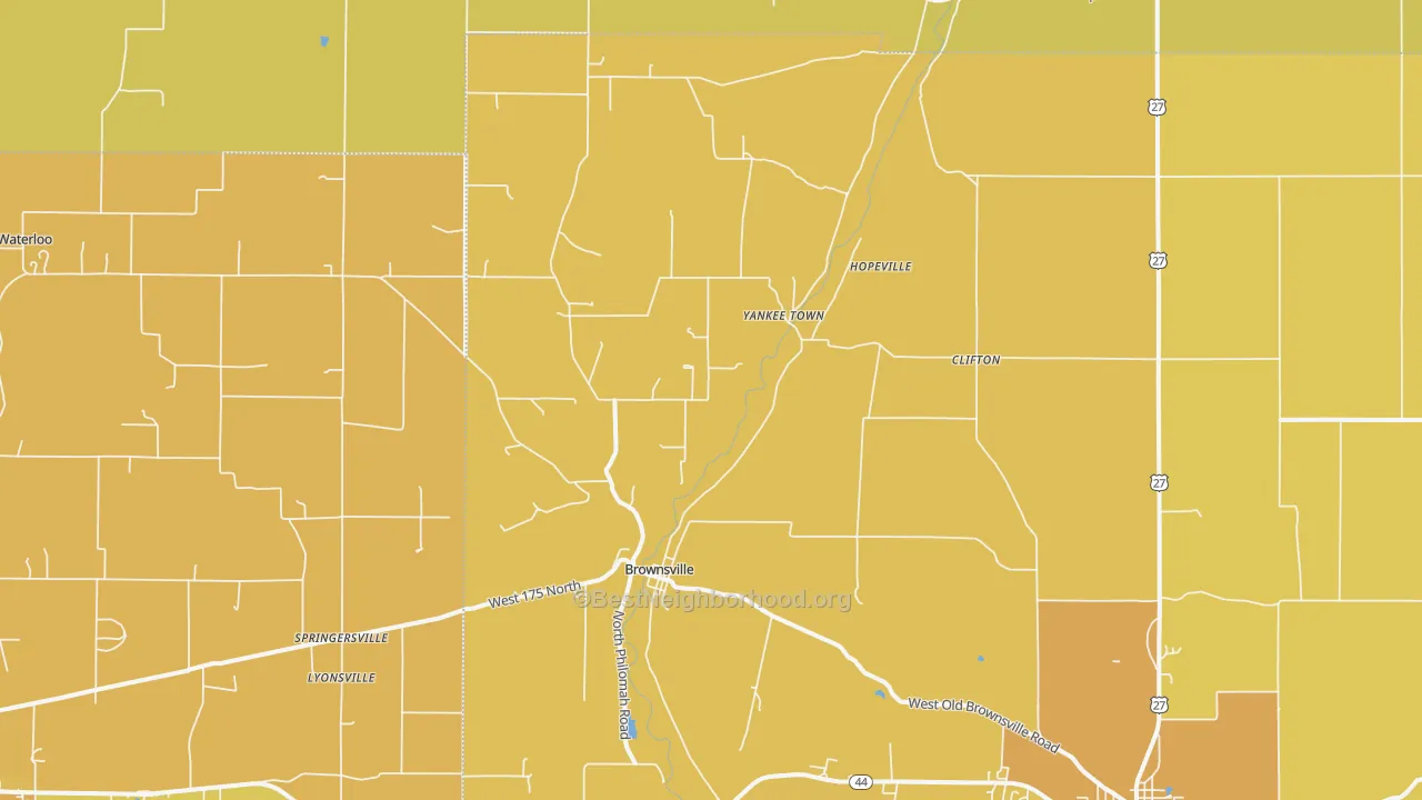 Map of the best neighborhoods in the Brownsville area, with better matches in green and worse matches in red