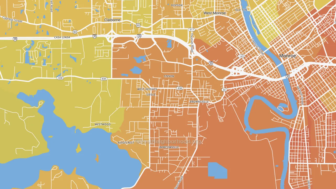 Map of the best neighborhoods in the Brownsville area, with better matches in green and worse matches in red