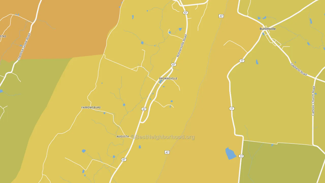 Map of the best neighborhoods in the Brownsville area, with better matches in green and worse matches in red