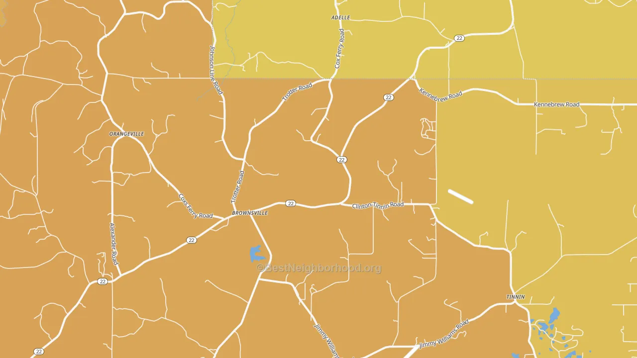 Map of the best neighborhoods in the Brownsville area, with better matches in green and worse matches in red