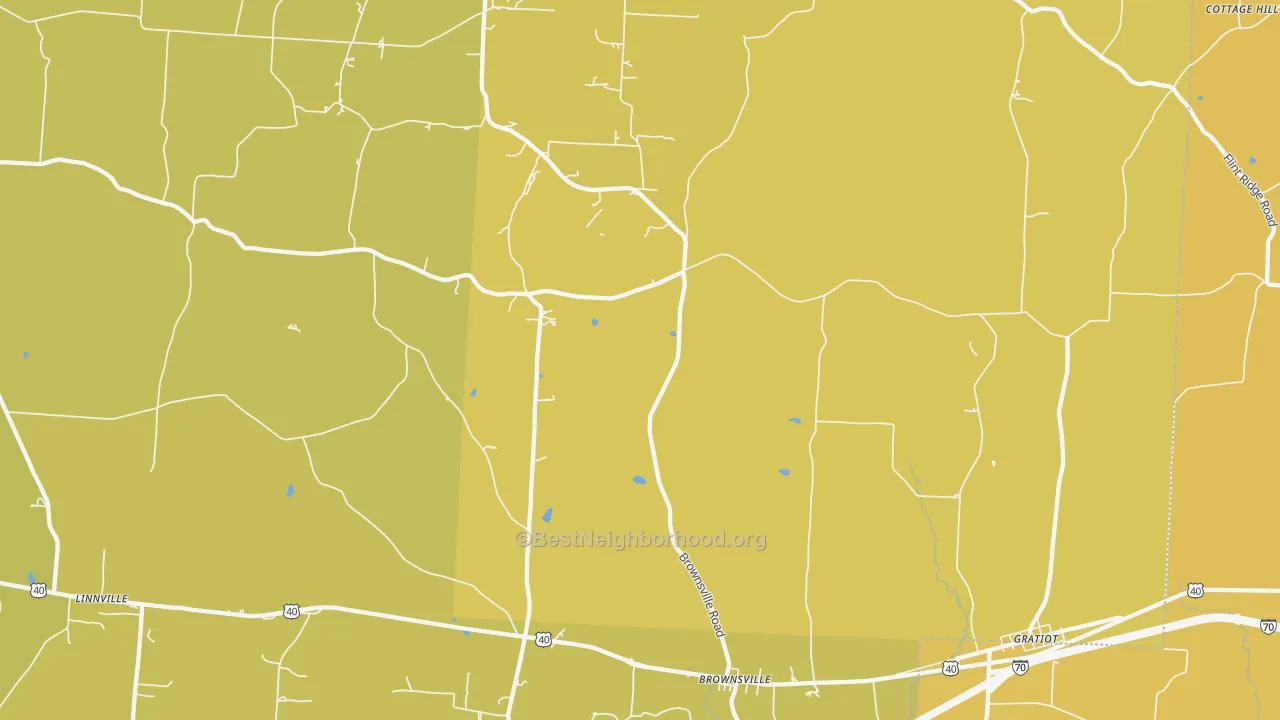 Map of the best neighborhoods in the Brownsville area, with better matches in green and worse matches in red