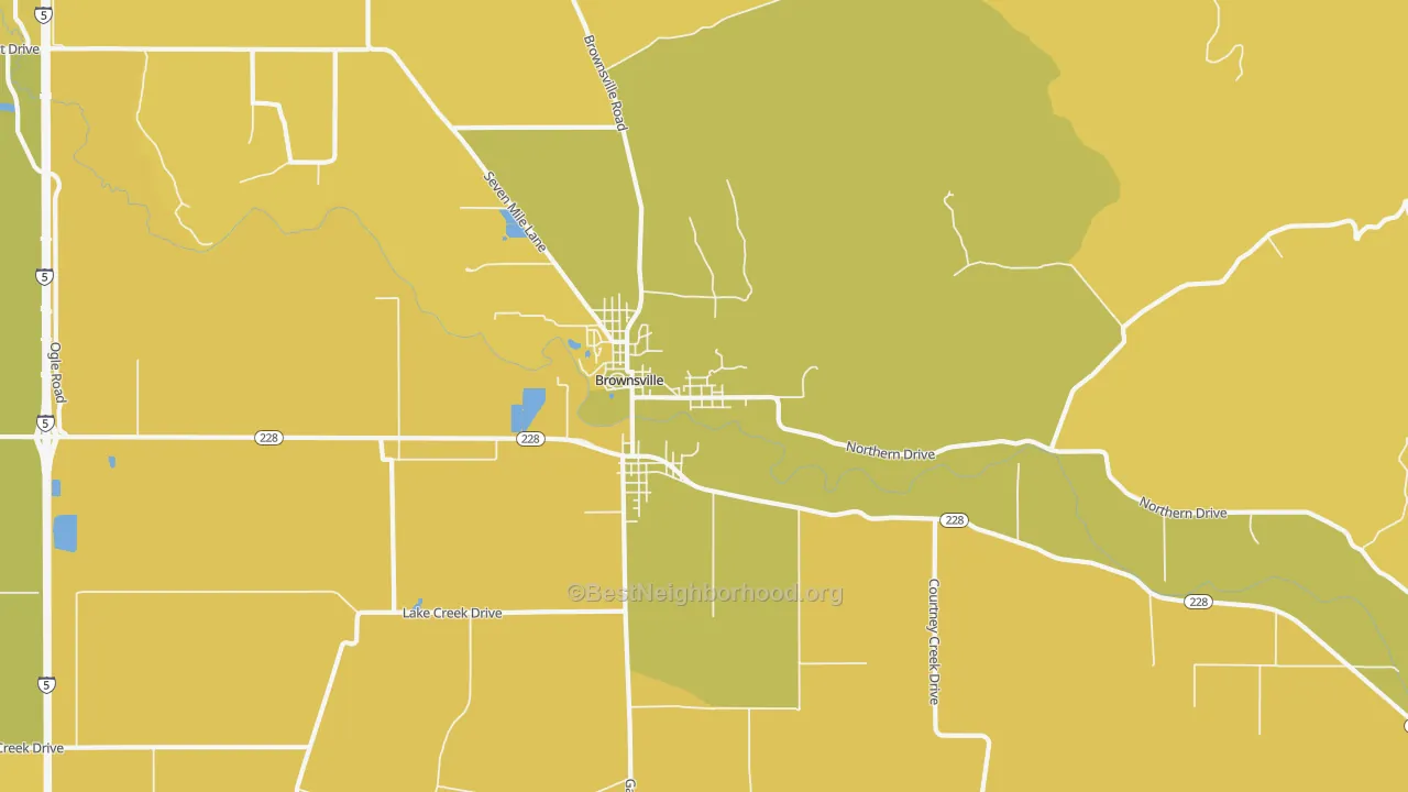 Map of the best neighborhoods in the Brownsville area, with better matches in green and worse matches in red