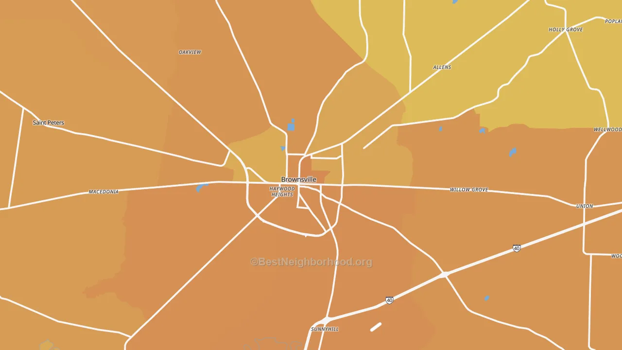 Map of the best neighborhoods in the Brownsville area, with better matches in green and worse matches in red