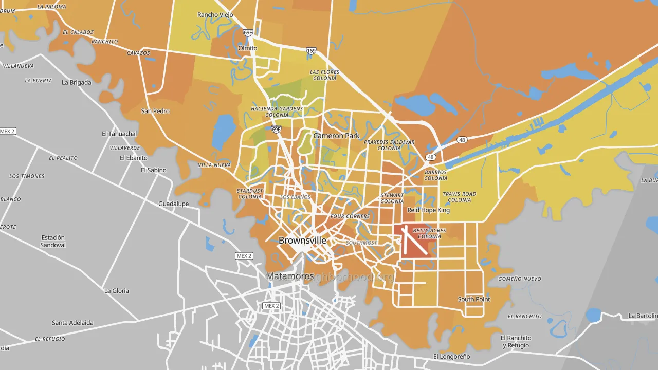 Map of the best neighborhoods in the Brownsville Metro area, with better matches in green and worse matches in red