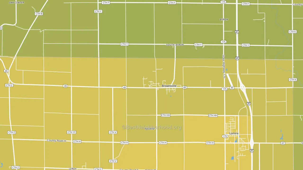 Map of the best neighborhoods in the Brownsville area, with better matches in green and worse matches in red