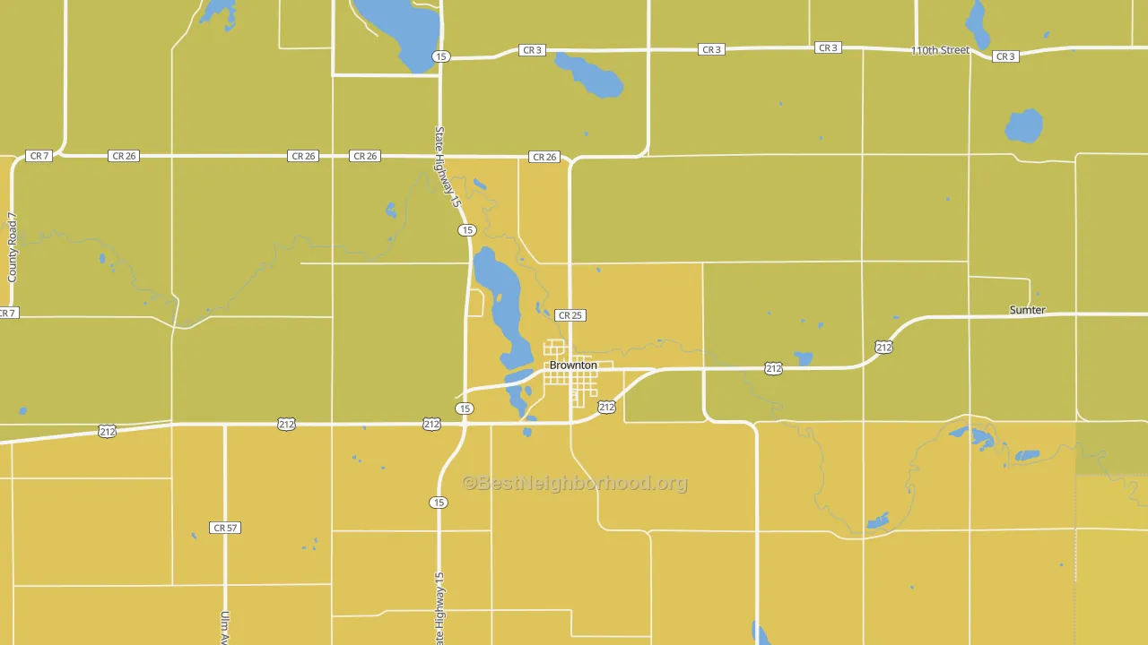 Map of the best neighborhoods in the Brownton area, with better matches in green and worse matches in red