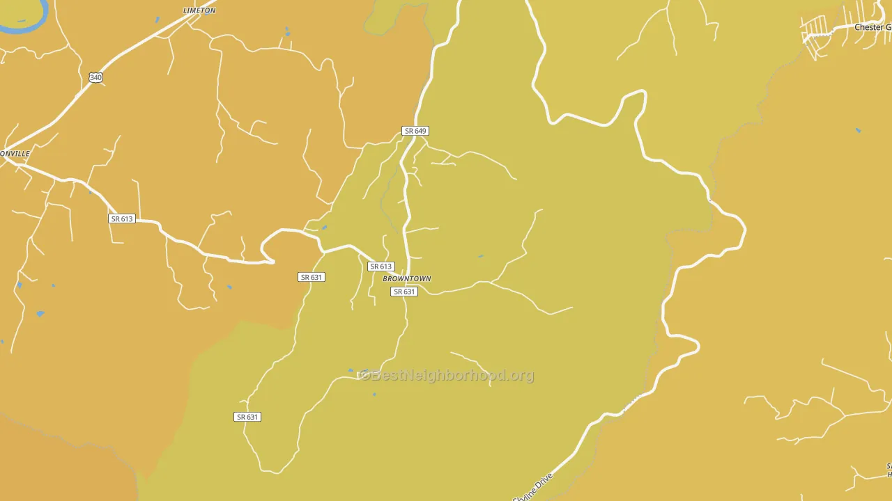 Map of the best neighborhoods in the Browntown area, with better matches in green and worse matches in red