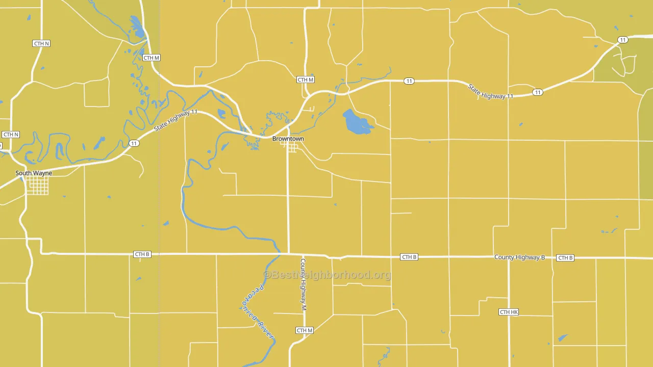 Map of the best neighborhoods in the Browntown area, with better matches in green and worse matches in red