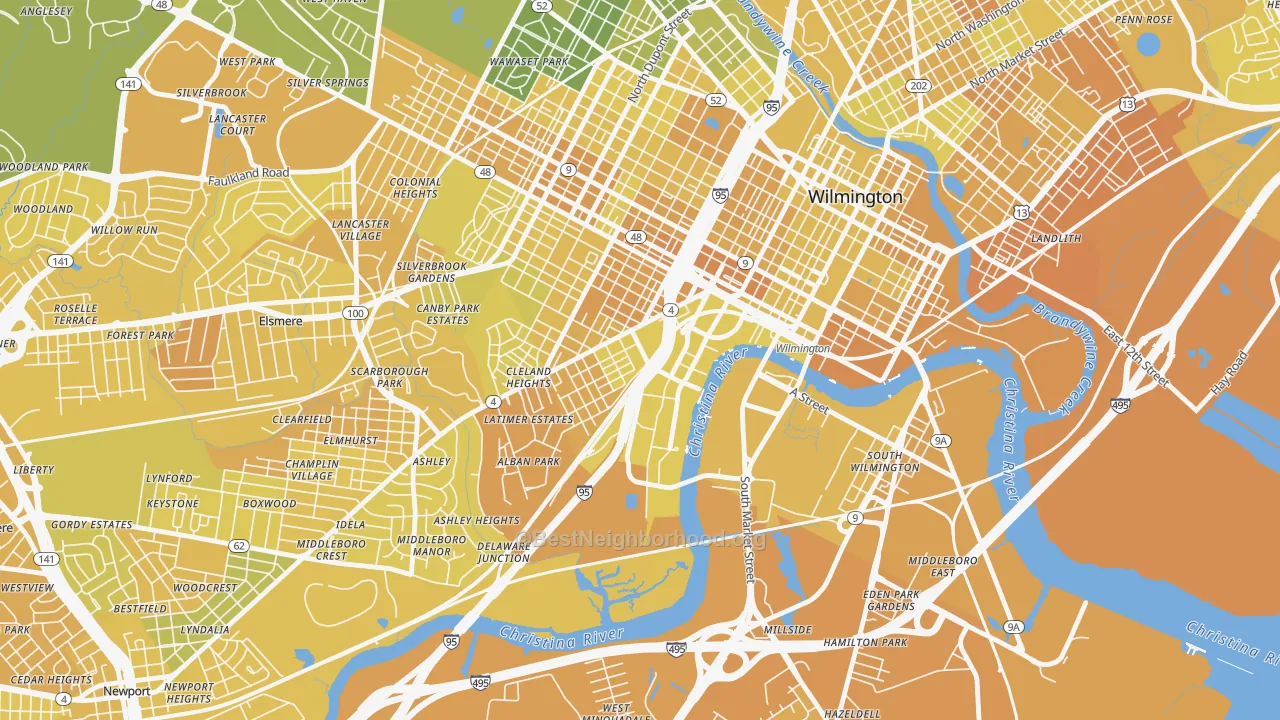 Map of the best neighborhoods in the Browntown, Wilmington area, with better matches in green and worse matches in red