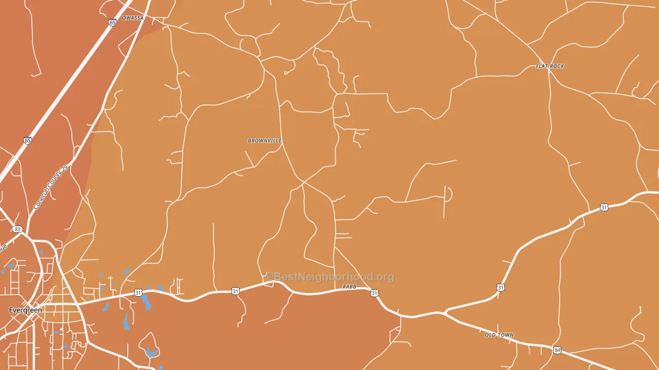 Map of the best neighborhoods in the Brownville area, with better matches in green and worse matches in red