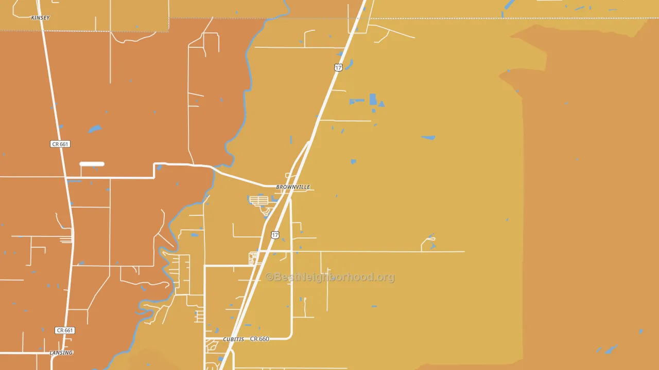 Map of the best neighborhoods in the Brownville area, with better matches in green and worse matches in red