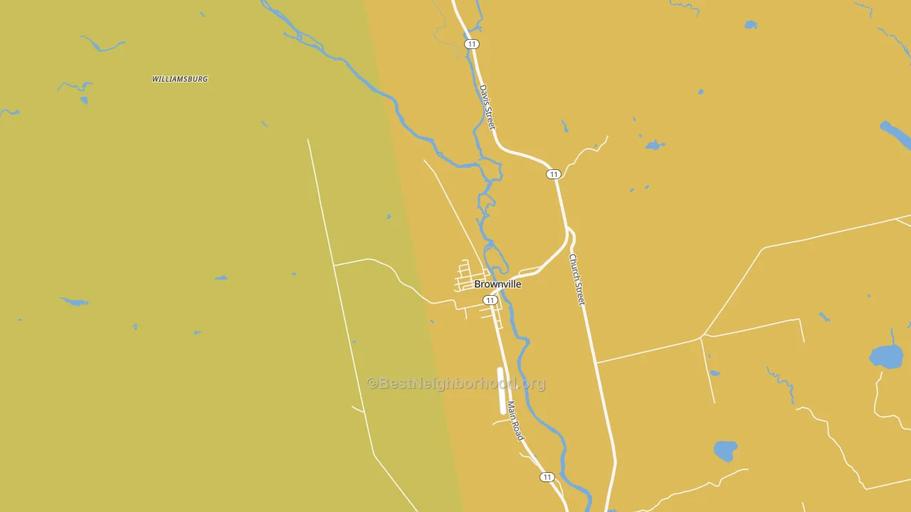 Map of the best neighborhoods in the Brownville Junction area, with better matches in green and worse matches in red