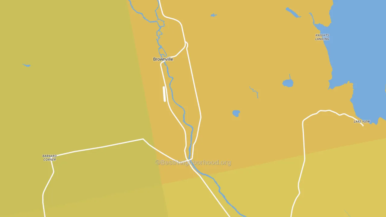 Map of the best neighborhoods in the Brownville area, with better matches in green and worse matches in red