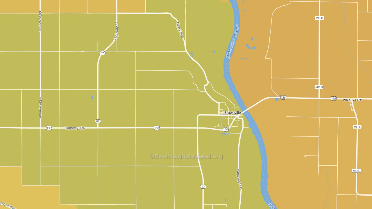Map of the best neighborhoods in the Brownville area, with better matches in green and worse matches in red