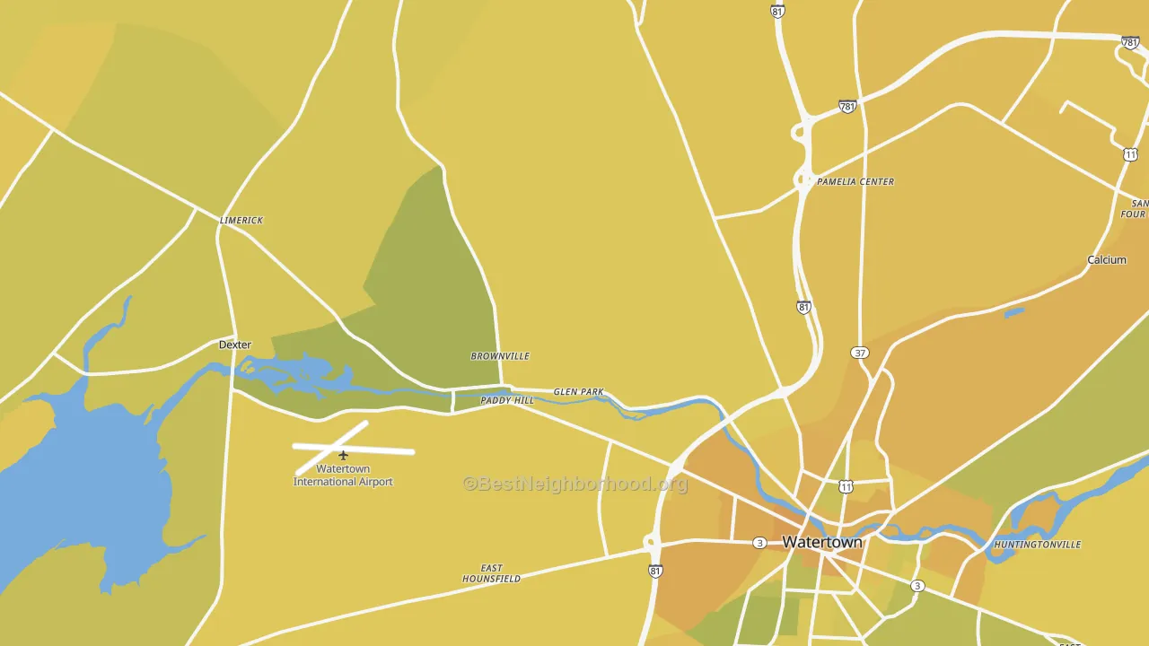 Map of the best neighborhoods in the Brownville area, with better matches in green and worse matches in red