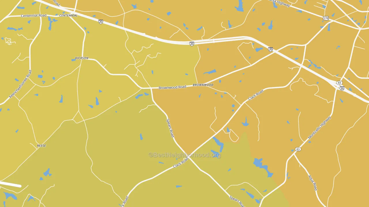 Map of the best neighborhoods in the Brownwood area, with better matches in green and worse matches in red