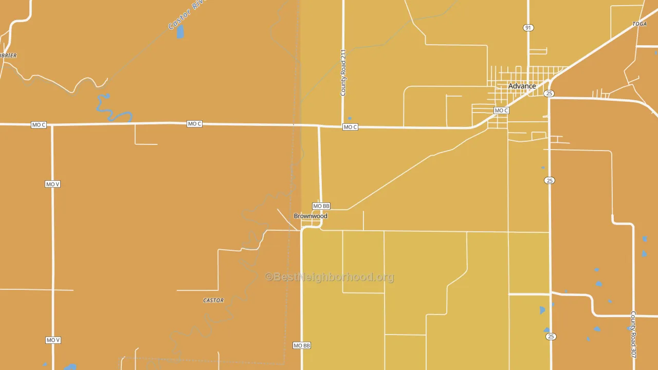 Map of the best neighborhoods in the Brownwood area, with better matches in green and worse matches in red