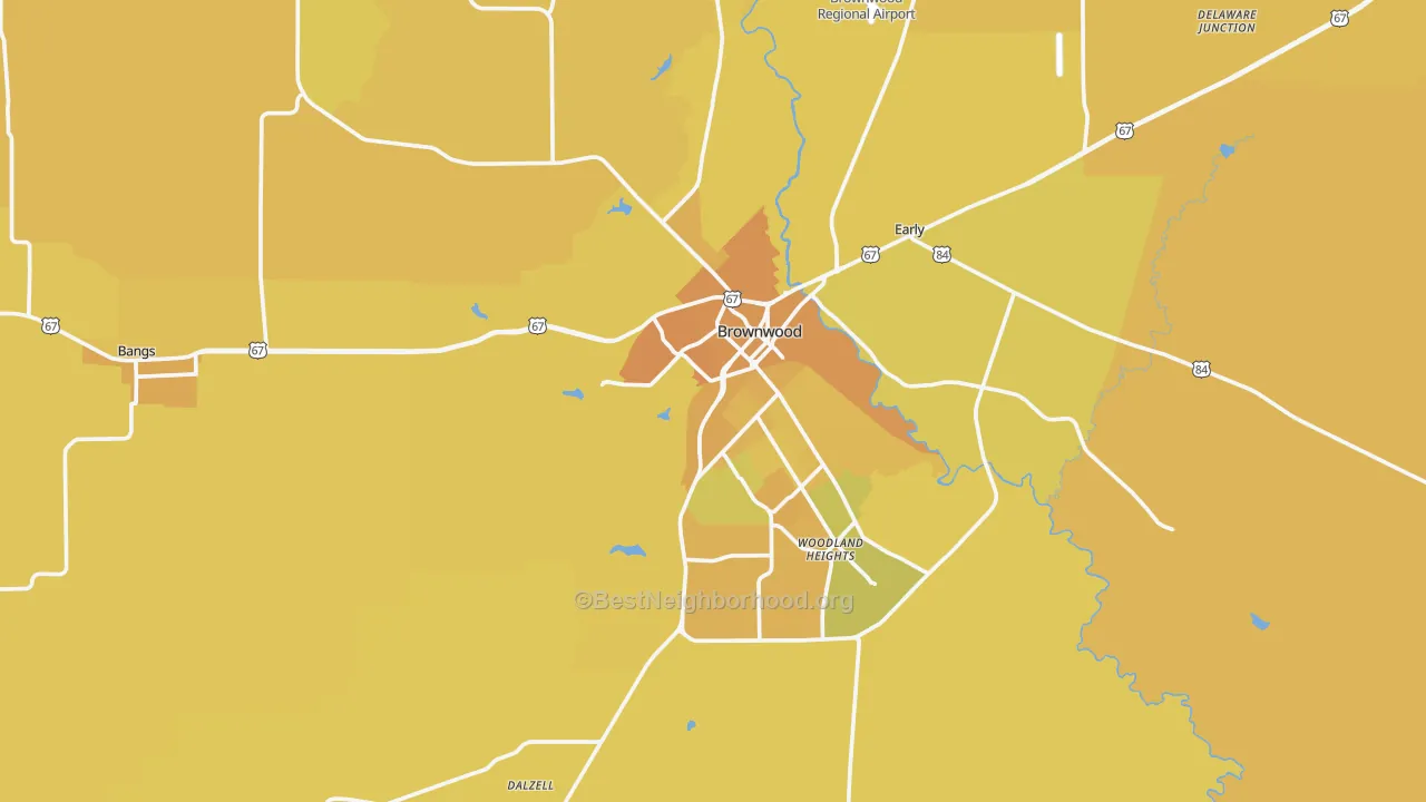 Map of the best neighborhoods in the Brownwood area, with better matches in green and worse matches in red