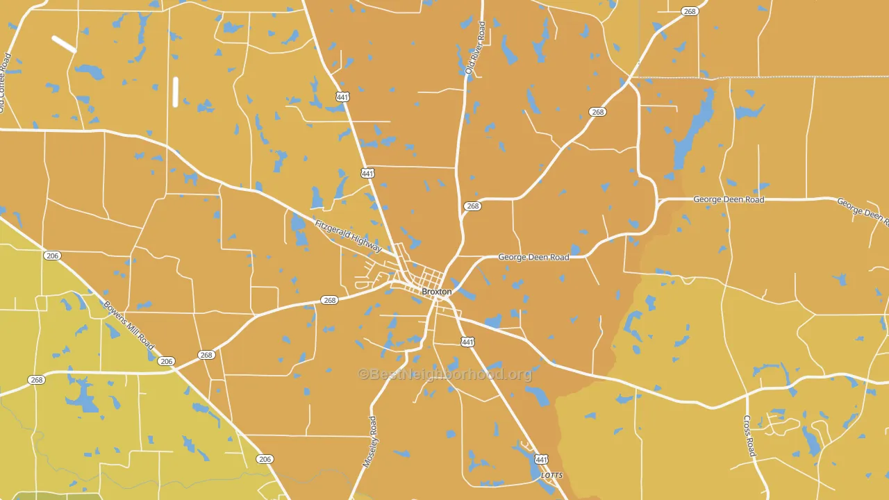 Map of the best neighborhoods in the Broxton area, with better matches in green and worse matches in red