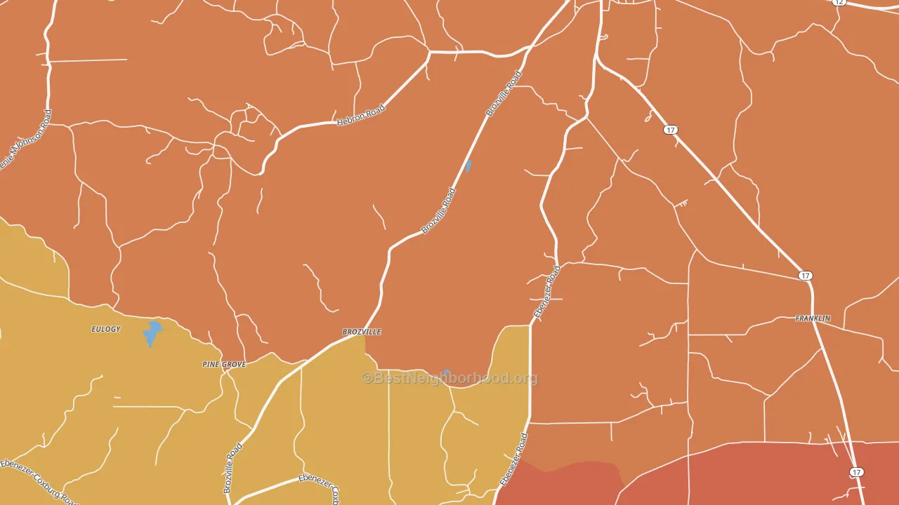 Map of the best neighborhoods in the Brozville area, with better matches in green and worse matches in red