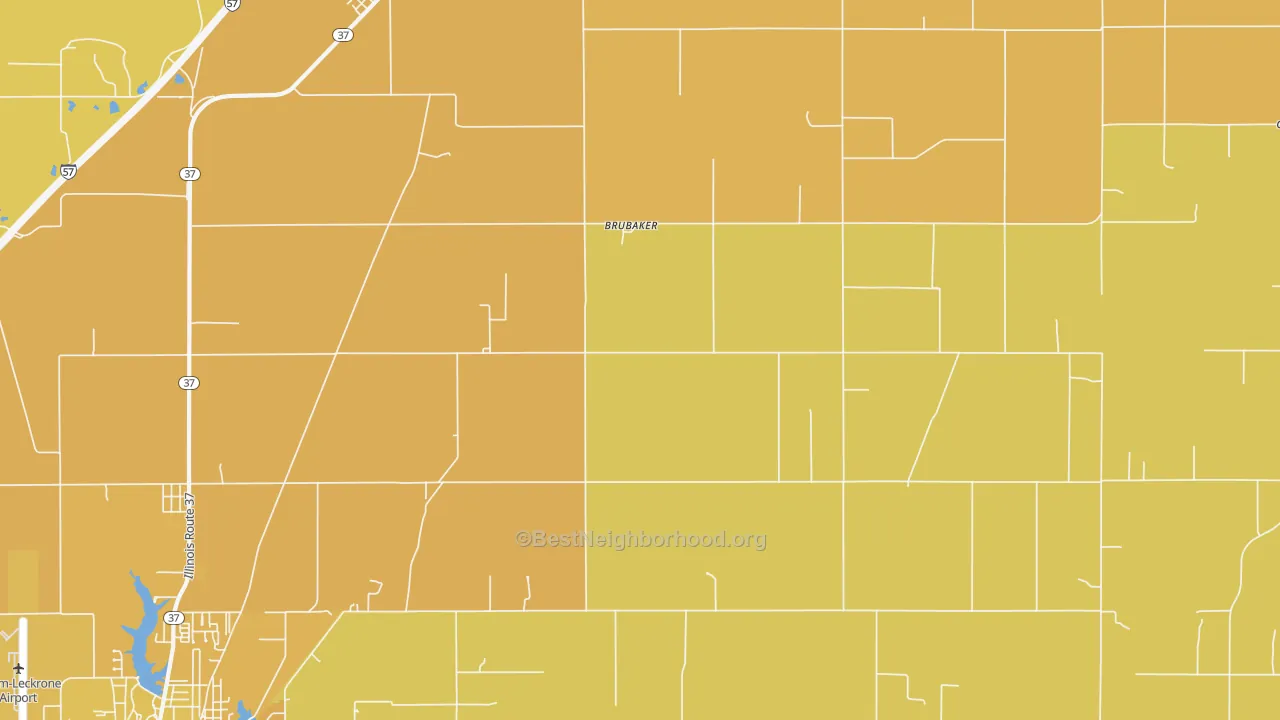 Map of the best neighborhoods in the Brubaker area, with better matches in green and worse matches in red