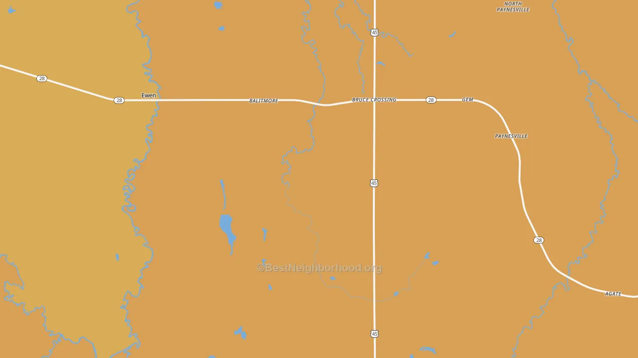 Map of the best neighborhoods in the Bruce Crossing area, with better matches in green and worse matches in red