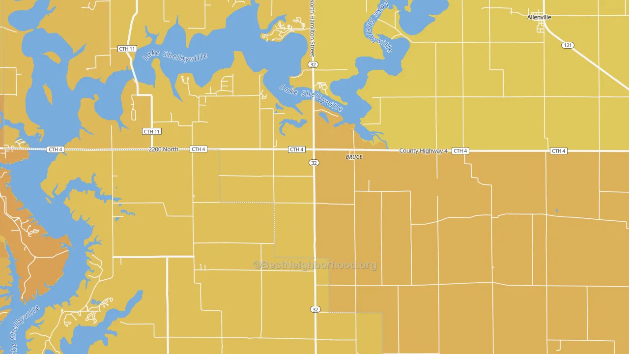 Map of the best neighborhoods in the Bruce area, with better matches in green and worse matches in red