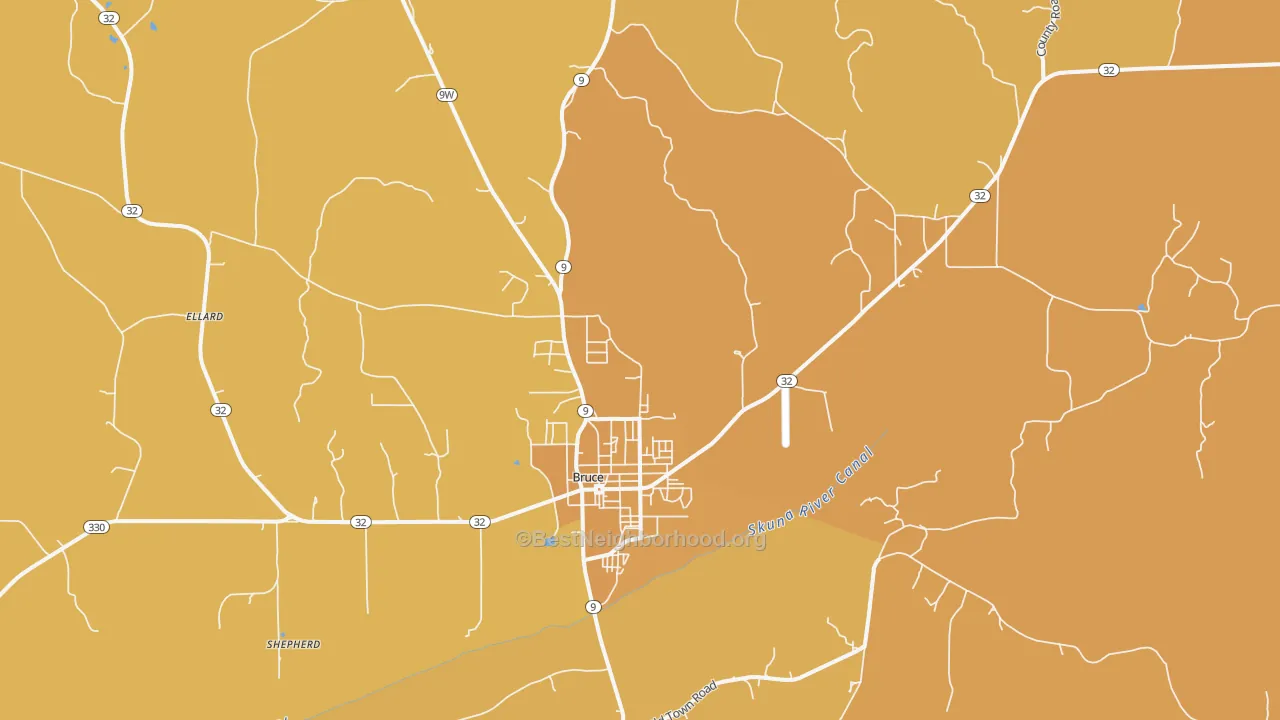 Map of the best neighborhoods in the Bruce area, with better matches in green and worse matches in red