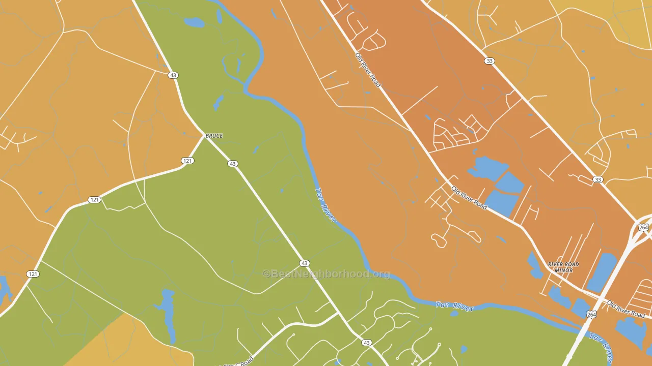 Map of the best neighborhoods in the Bruce area, with better matches in green and worse matches in red
