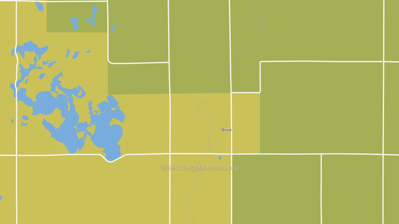 Map of the best neighborhoods in the Bruce area, with better matches in green and worse matches in red