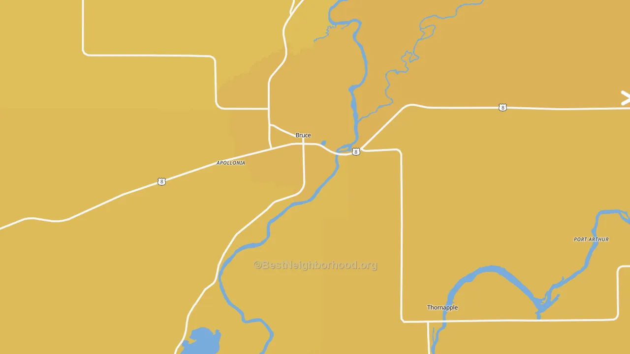 Map of the best neighborhoods in the Bruce area, with better matches in green and worse matches in red