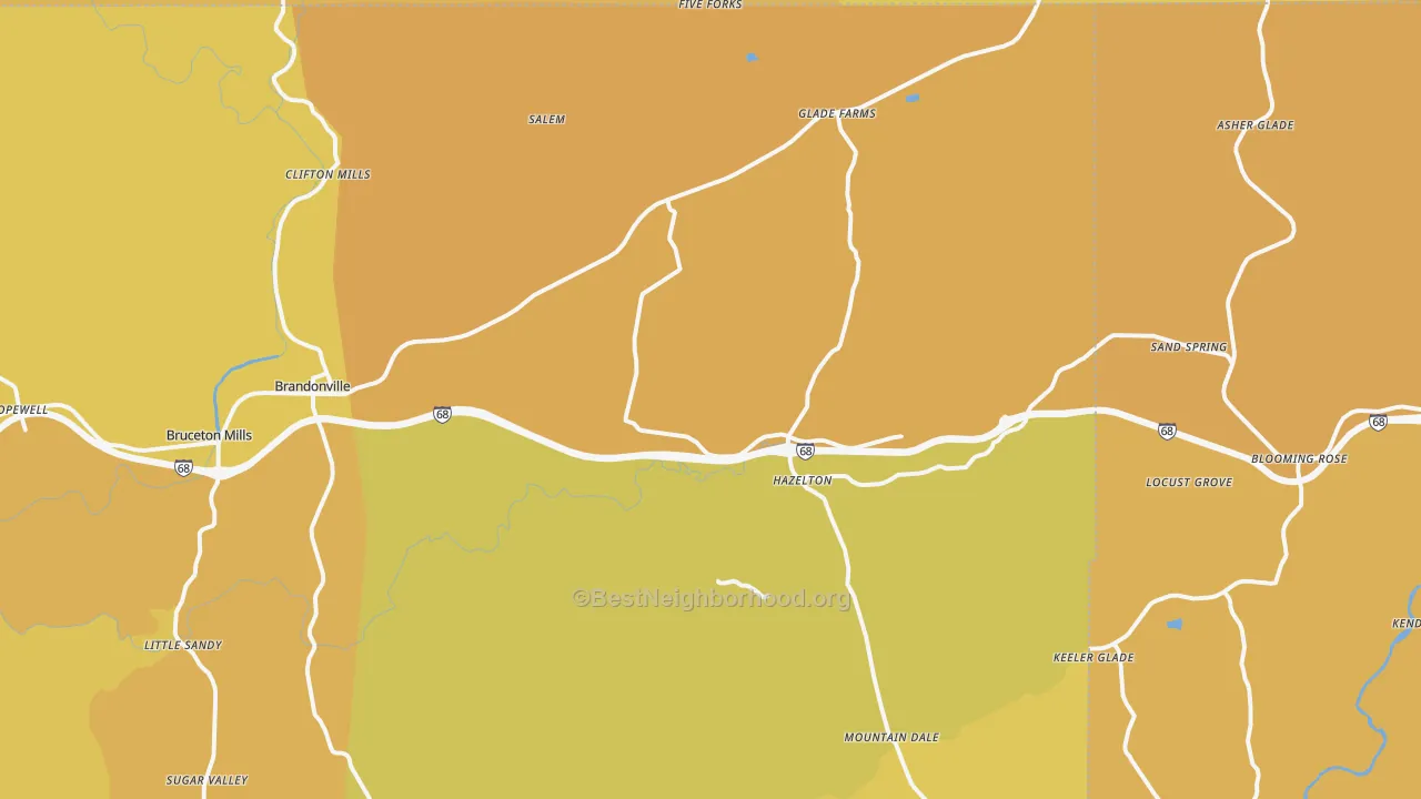 Map of the best neighborhoods in the Bruceton Mills area, with better matches in green and worse matches in red