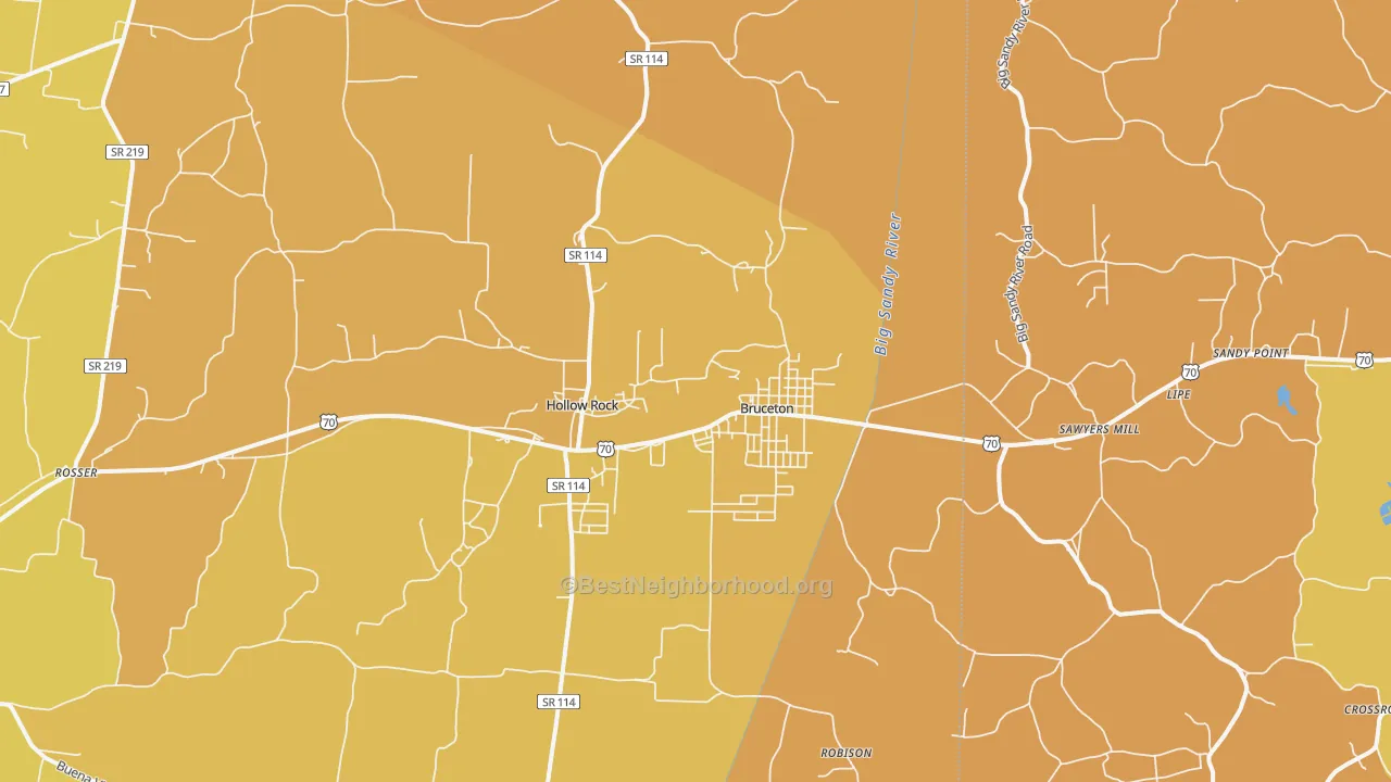 Map of the best neighborhoods in the Bruceton area, with better matches in green and worse matches in red