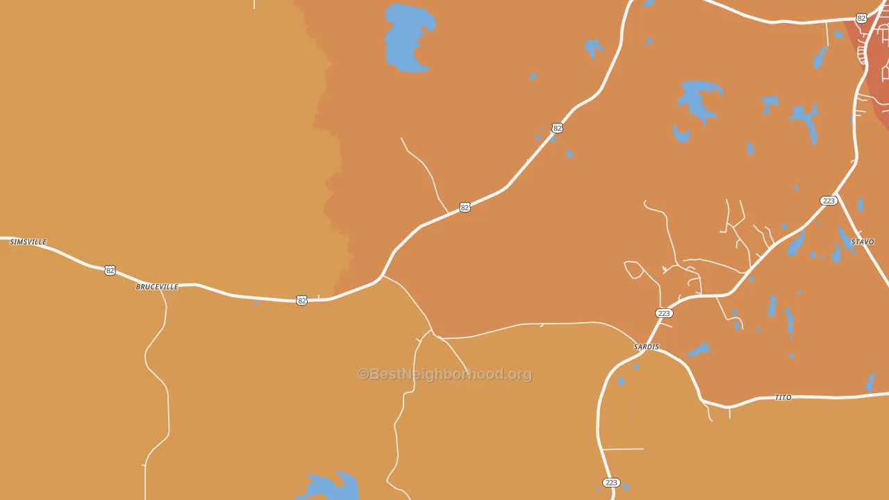 Map of the best neighborhoods in the Bruceville area, with better matches in green and worse matches in red
