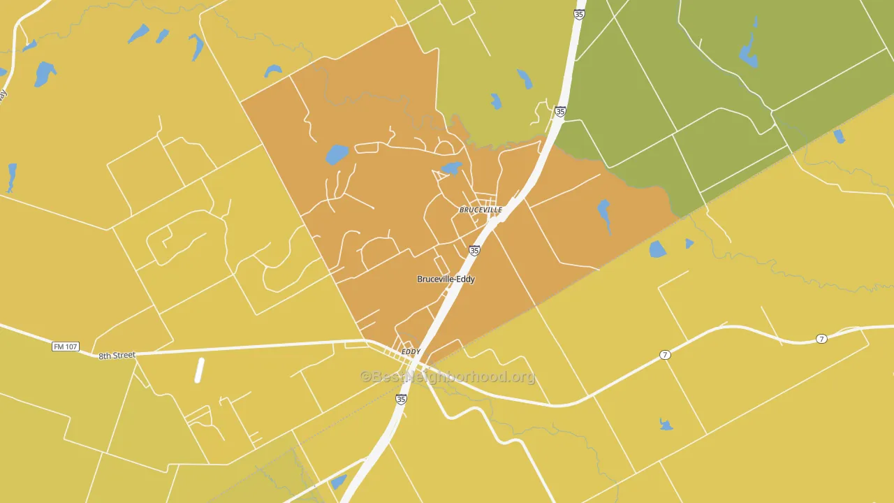 Map of the best neighborhoods in the Bruceville-Eddy area, with better matches in green and worse matches in red