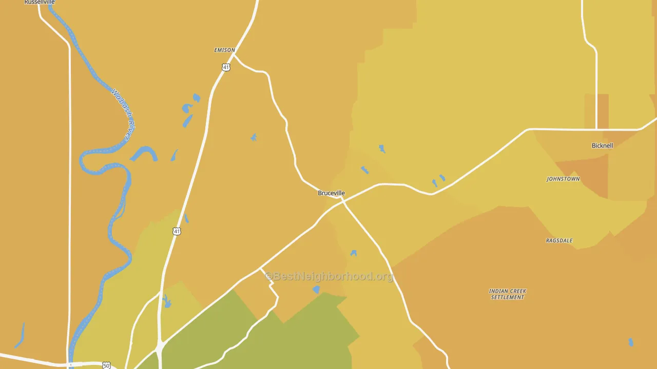 Map of the best neighborhoods in the Bruceville area, with better matches in green and worse matches in red