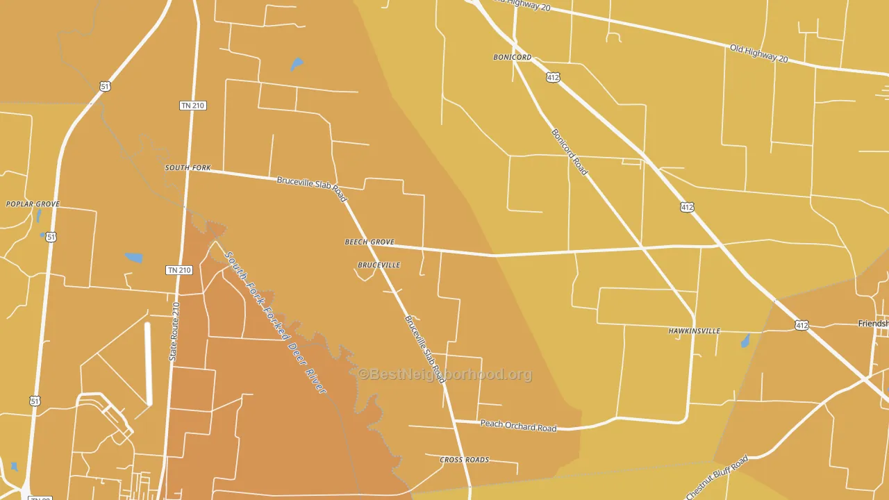 Map of the best neighborhoods in the Bruceville area, with better matches in green and worse matches in red