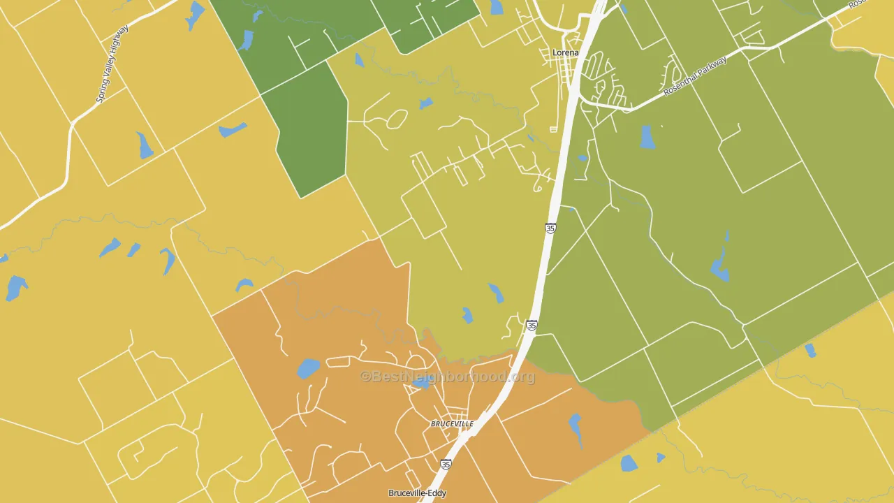 Map of the best neighborhoods in the Bruceville area, with better matches in green and worse matches in red