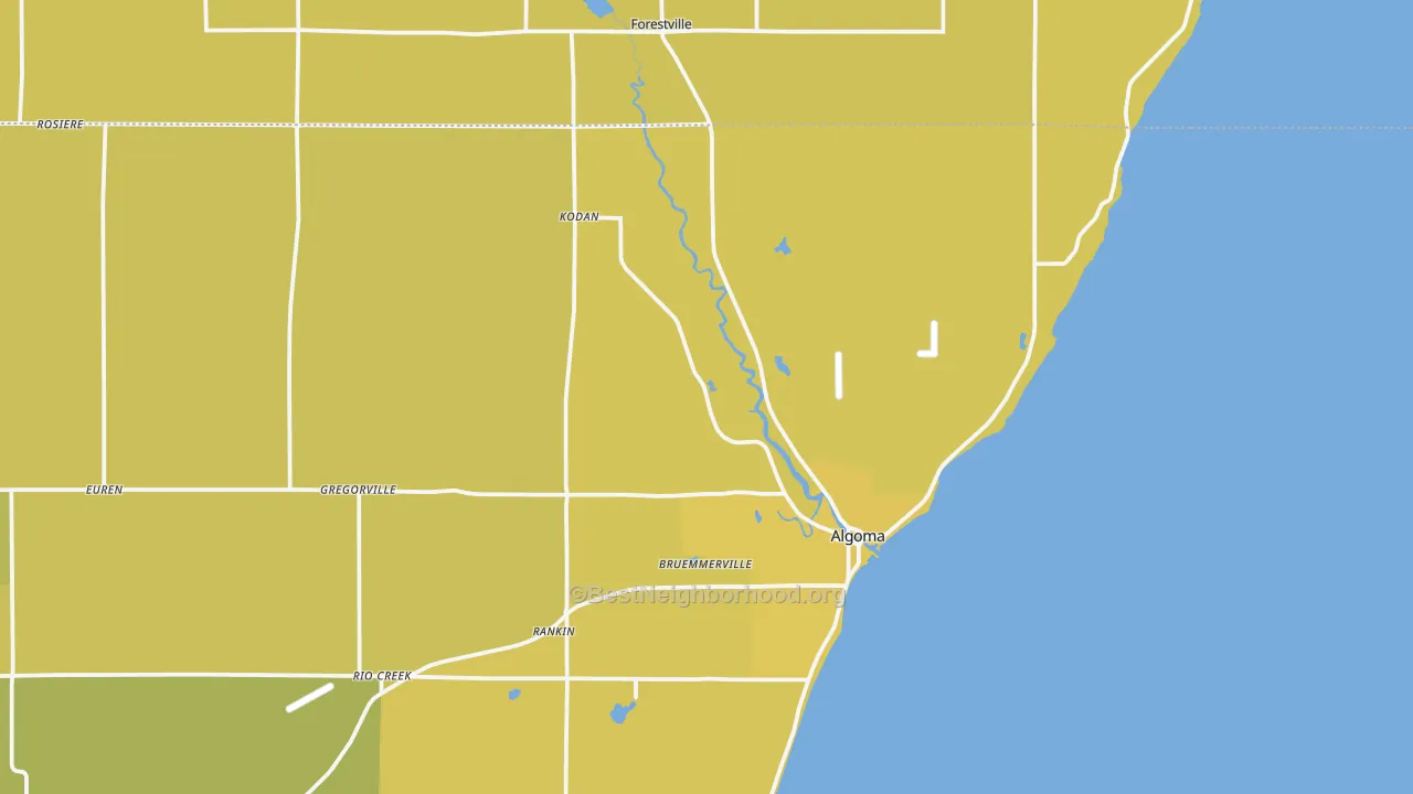 Map of the best neighborhoods in the Bruemmerville area, with better matches in green and worse matches in red