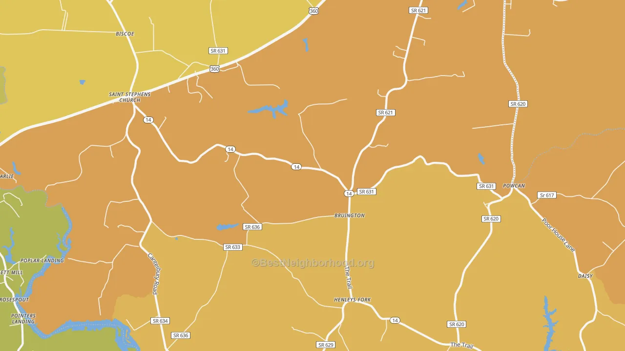 Map of the best neighborhoods in the Bruington area, with better matches in green and worse matches in red