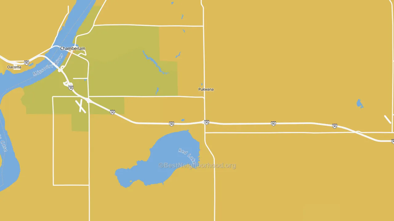 Map of the best neighborhoods in the Brule County area, with better matches in green and worse matches in red