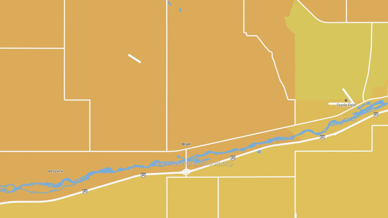 Map of the best neighborhoods in the Brule area, with better matches in green and worse matches in red