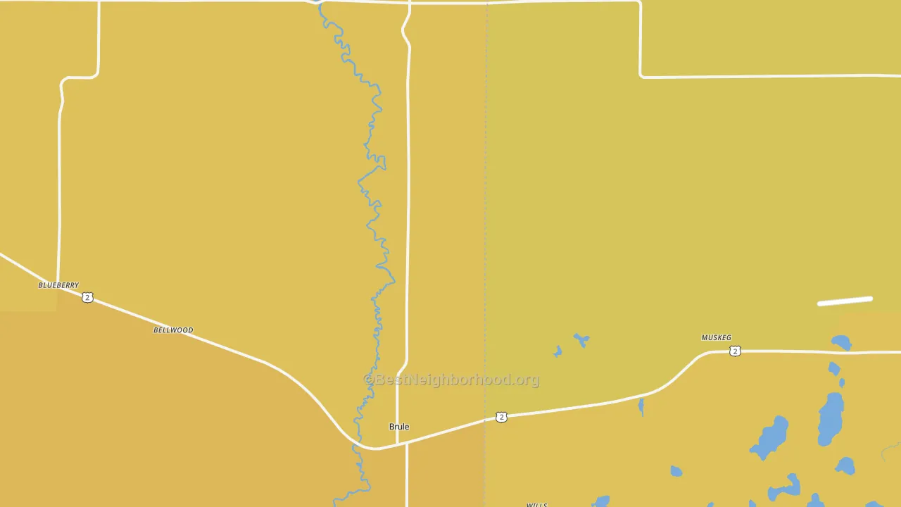 Map of the best neighborhoods in the Brule area, with better matches in green and worse matches in red