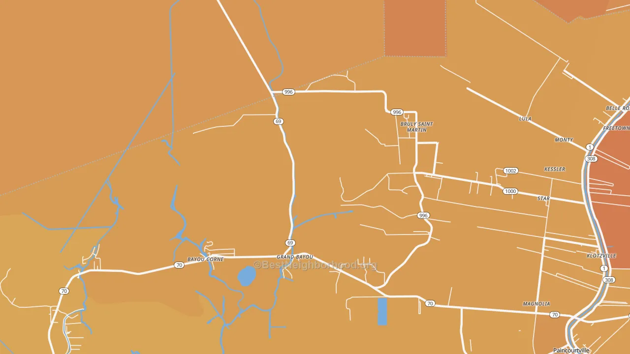 Map of the best neighborhoods in the Bruly St. Martin area, with better matches in green and worse matches in red