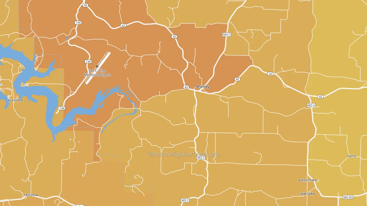 Map of the best neighborhoods in the Brumley area, with better matches in green and worse matches in red